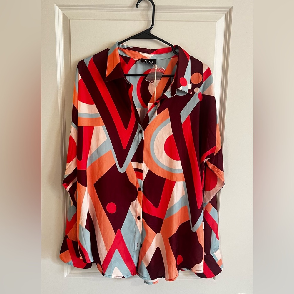 Abstract Pattern Multi Color Button Down Blouse Size XL NWT
